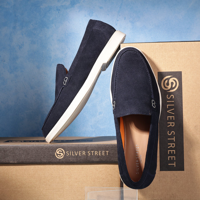 San-Mauro Suede Leather Apron Loafers - Navy