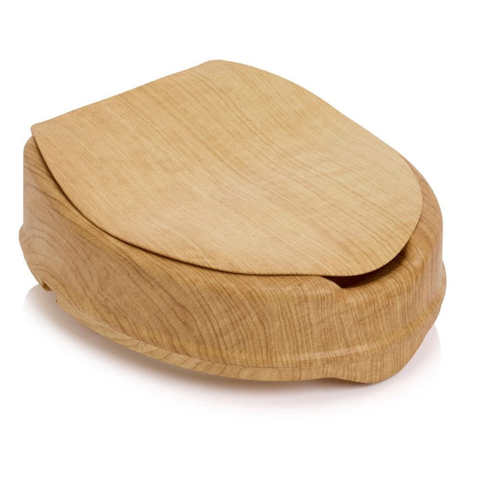 Diagram or packaging of Sanctuary Oak Effect Raised Toilet Seat With Lid highlighting dimensions or features.