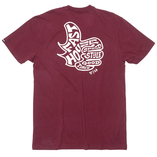 Fasthouse Satisfaction short sleeve tee in maroon, back view of the print