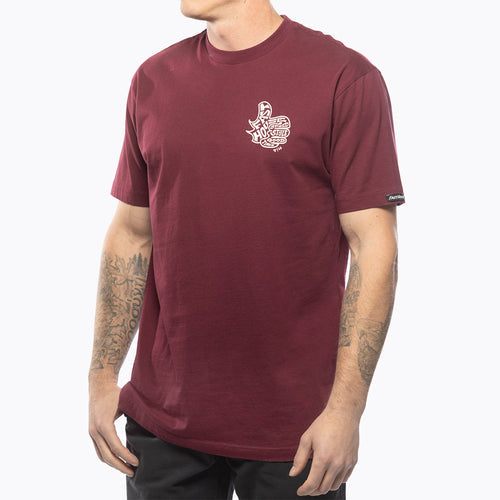 Fasthouse Satisfaction tee in maroon shown on a model, front view