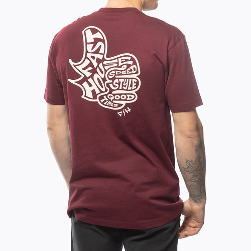 Fasthouse Satisfaction tee in maroon shown on a model, back view