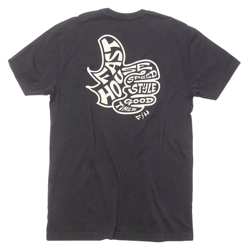 Fasthouse Satisfaction tee in black, back view of the print