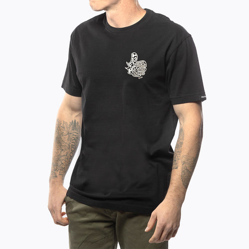 Fasthouse Satisfaction tee in black shown on a model, front view