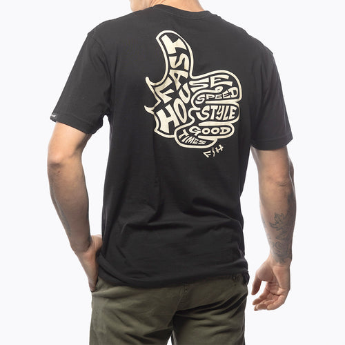 Fasthouse Satisfaction tee in black shown on a model, back view