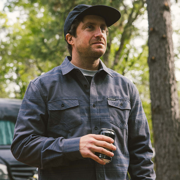Fasthouse Saturday Night Special flannel in vintage navy stripe shown on a model