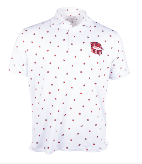 Barstool Sports Saturdays Are Fore The Boys solo cup printed polo shirt in white, available in big and tall sizes