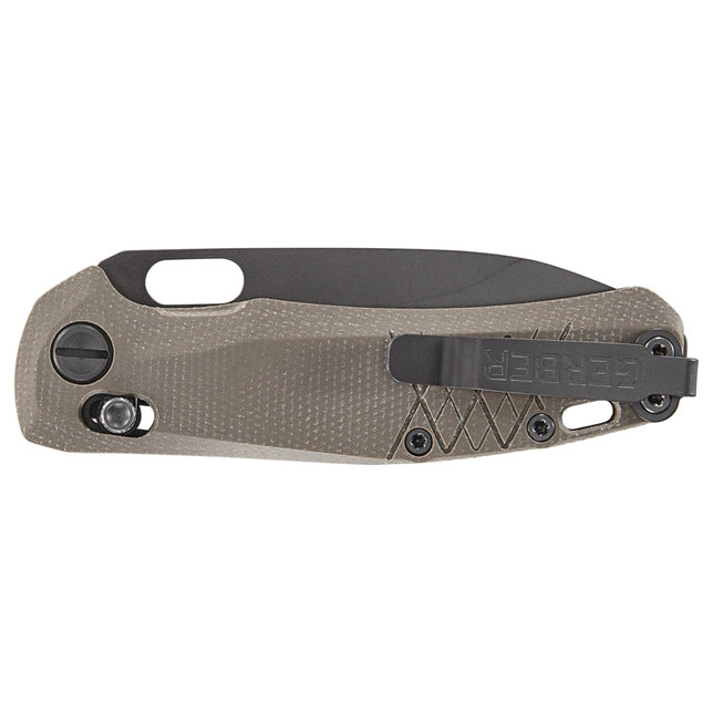 Tan Gerber Scout pocket knife with textured grip scales and integrated pocket clip
