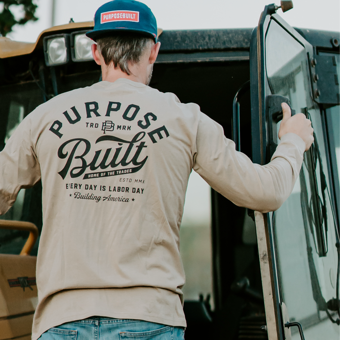 Purpose-Built script long sleeve tee in sand, big and tall sizing