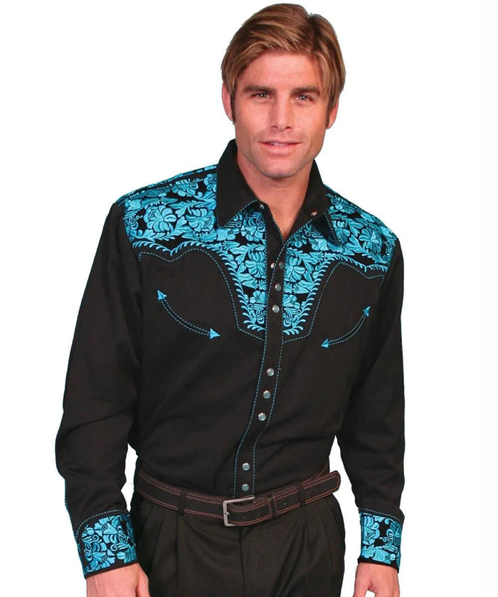 Scully Floral Tooled Embroidery - Men's Western Shirt (Black/Turquoise) - Hatcountry