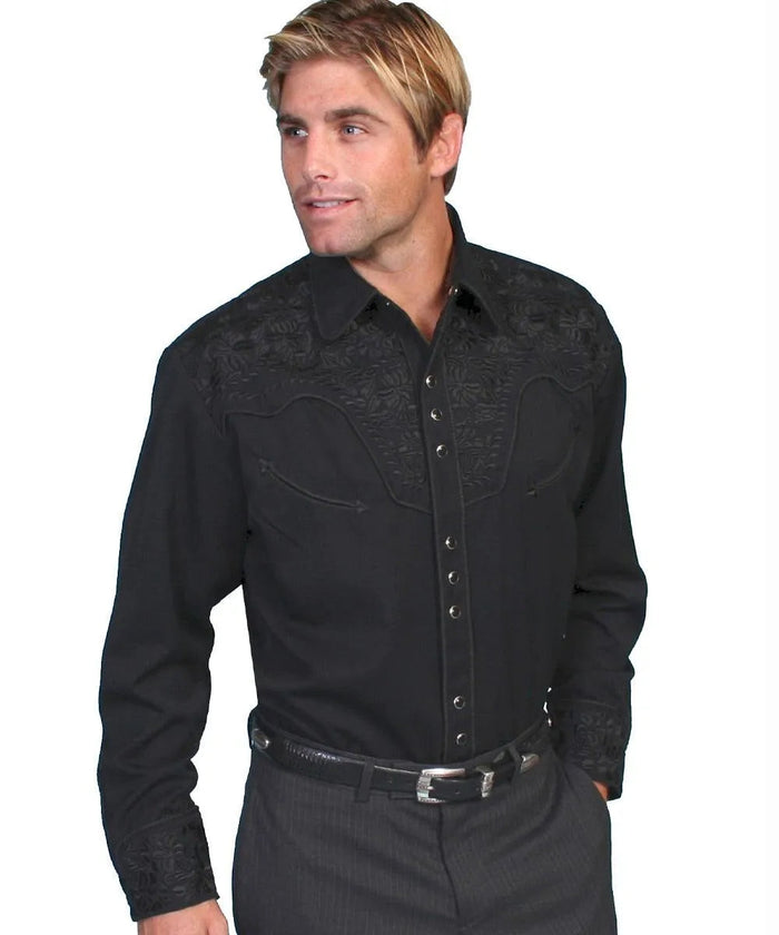 Scully Floral Tooled Embroidery - Men's Western Shirt (Jet Black) - Hatcountry