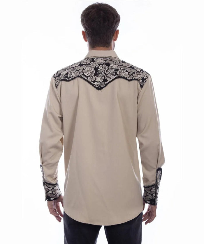 Scully Floral Tooled Embroidery - Men's Western Shirt (Tan/Black) - Hatcountry