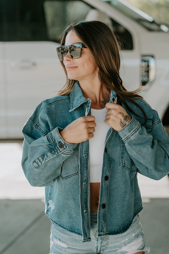 Purpose-Built See You Later jean jacket in denim blue