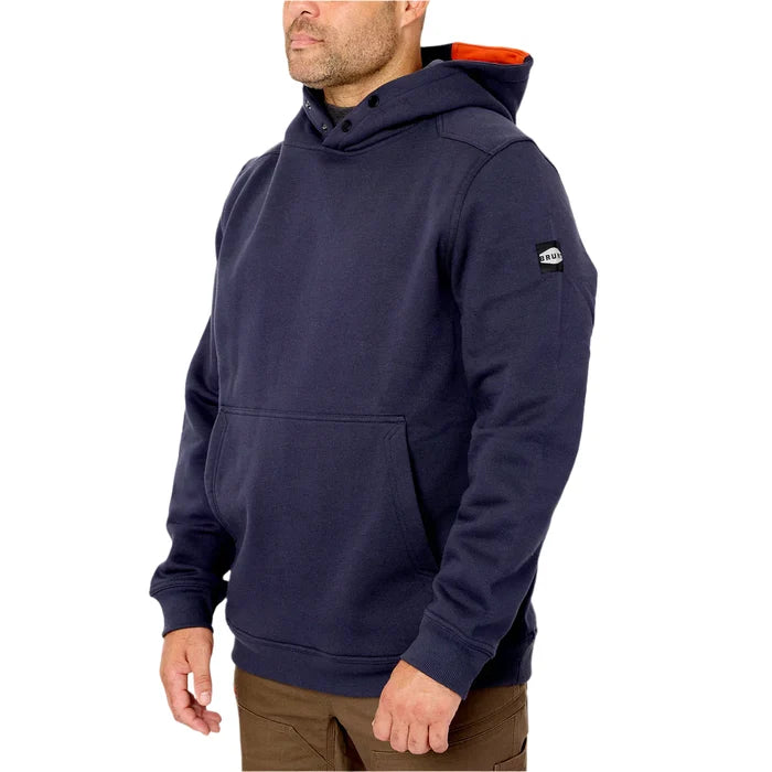 BRUNT Shevlin hoodie in navy blue, three-quarter left view