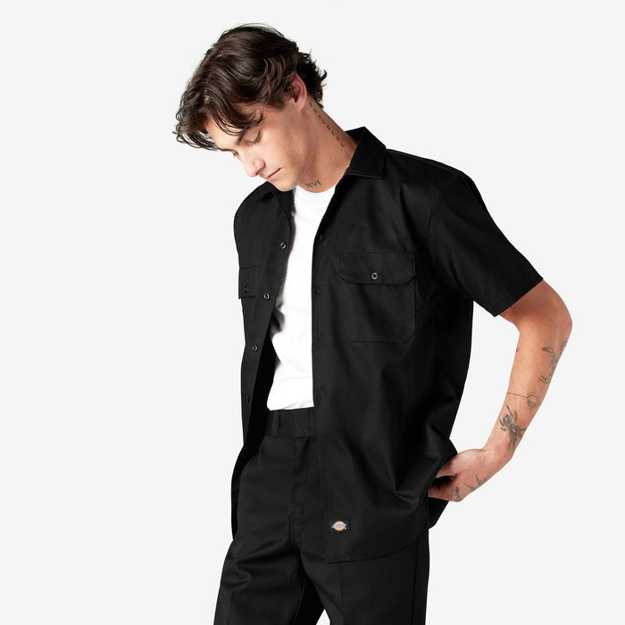 Dickies short sleeve button-up work shirt in black, alternate product view of the shirt
