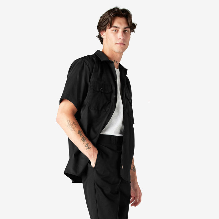 Dickies short sleeve work shirt in black, additional detail view of the button-up shirt