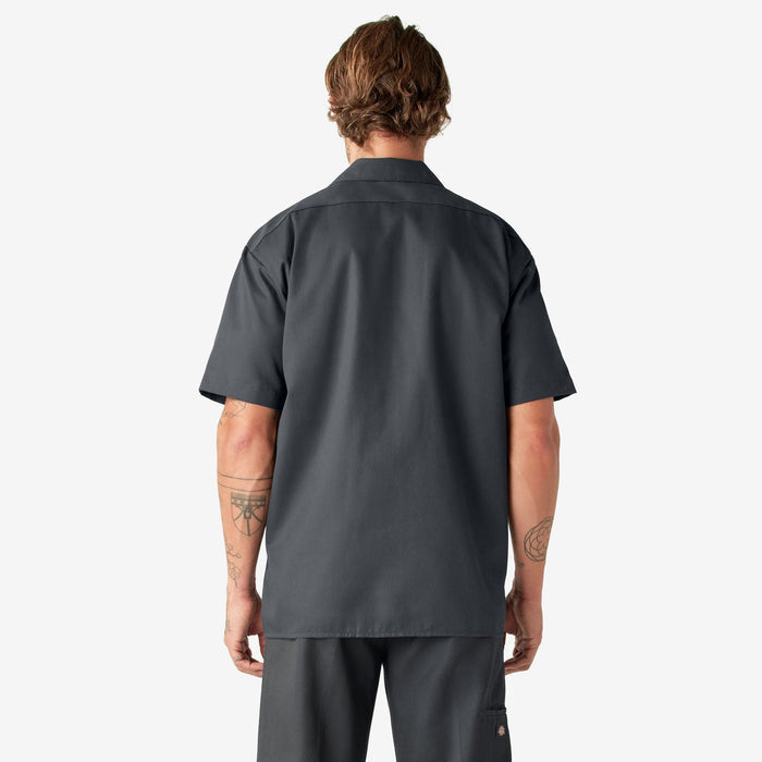 Back view of the Dickies short sleeve button-up work shirt in charcoal gray, rear of garment