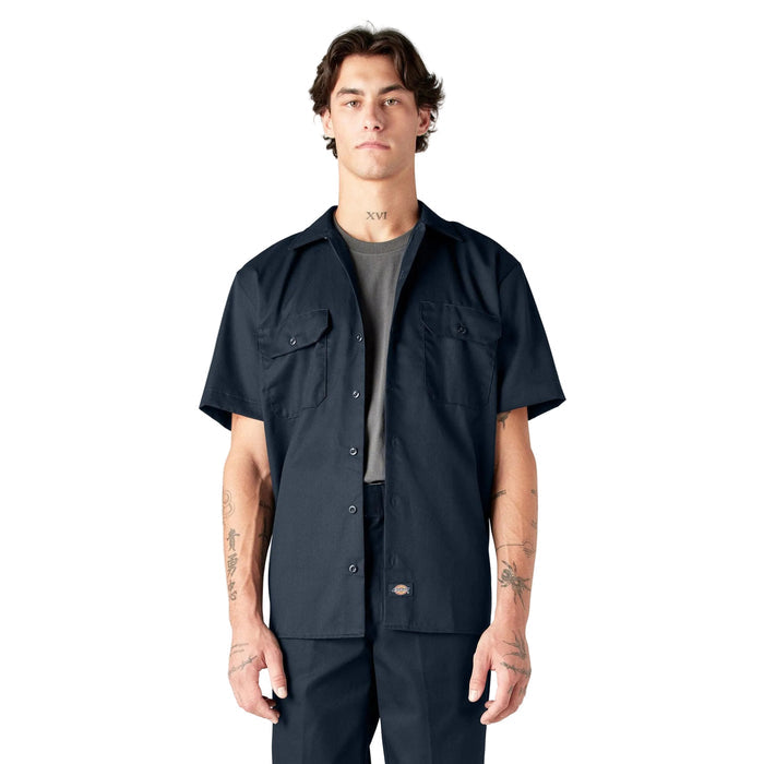 Dickies short sleeve button-up work shirt in dark navy, front view, big and tall sizing