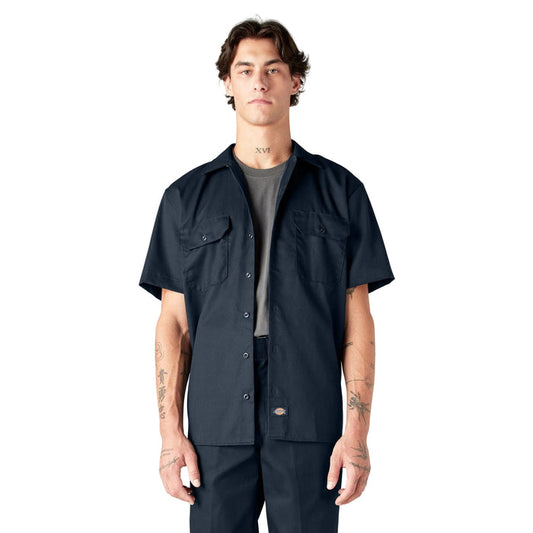 Dickies short sleeve button-up work shirt in dark navy, front view, big and tall sizing