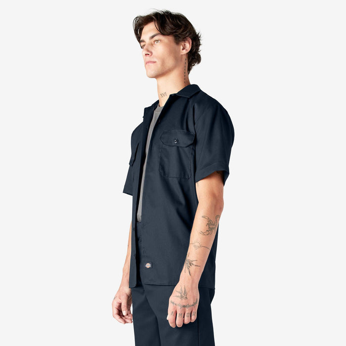 Dickies dark navy short sleeve work shirt, alternate view of the collar and button placket