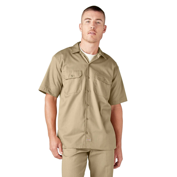 Dickies short sleeve button-up work shirt in khaki, front view, big and tall sizing available