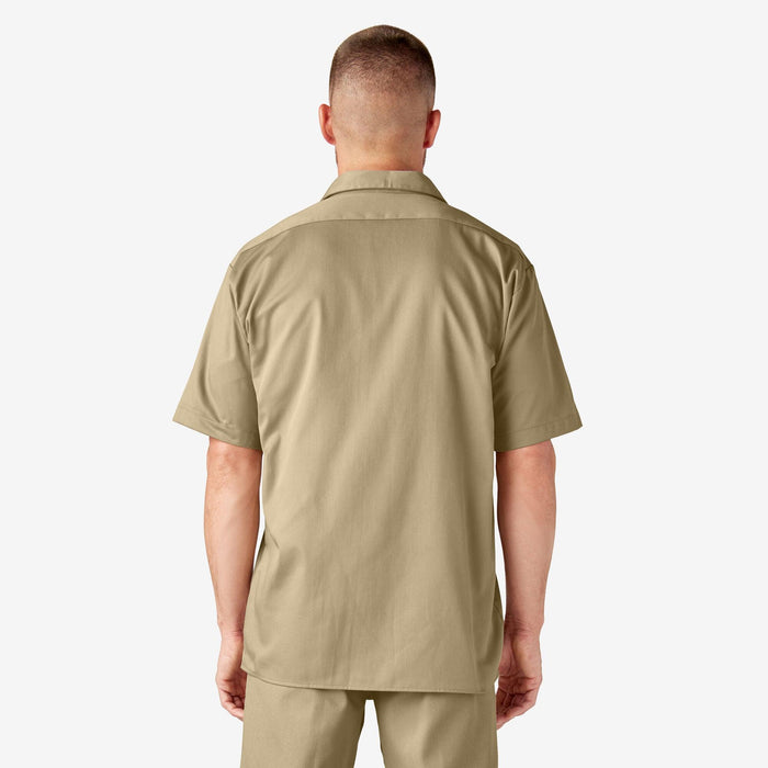 Back view of the Dickies short sleeve work shirt in khaki showing the center pleat and yoke