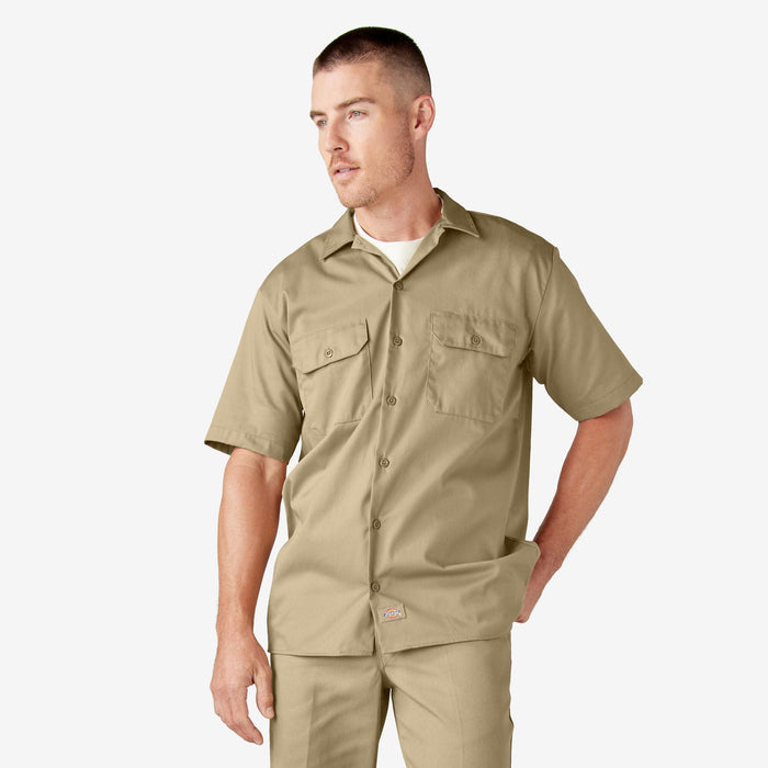 Dickies khaki short sleeve work shirt, alternate view of the collar and button placket