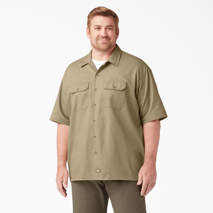 Dickies short sleeve work shirt in khaki, big and tall fit product view of the garment