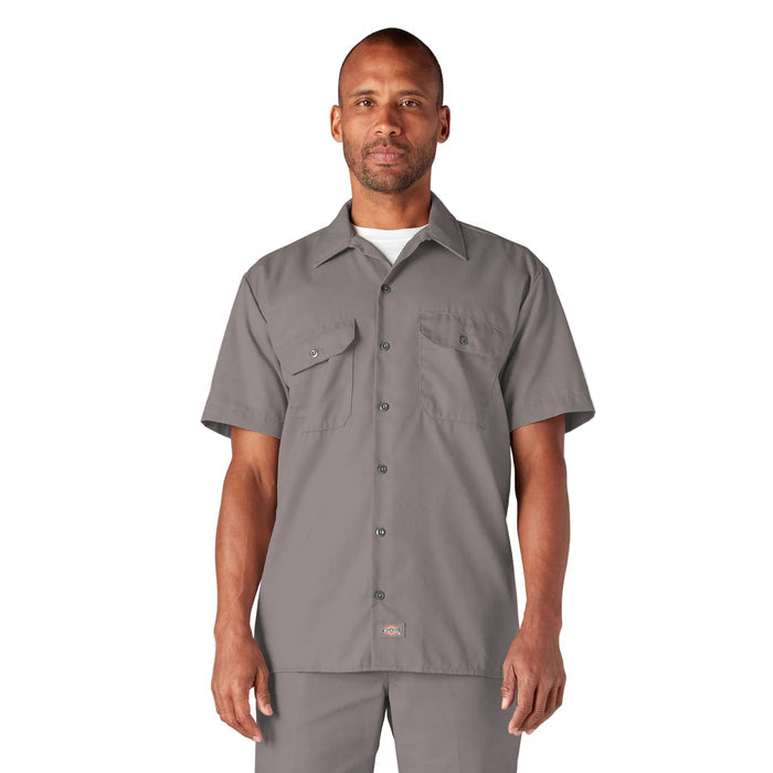 Dickies short sleeve button-up work shirt in silver gray, front view, big and tall sizing