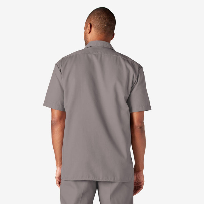 Back view of the Dickies short sleeve work shirt in silver gray with center pleat and yoke