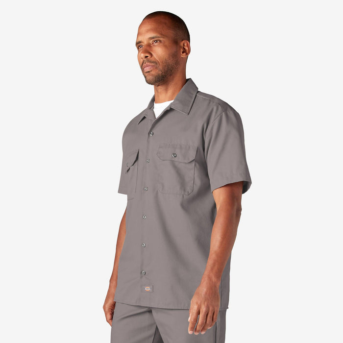 Dickies silver gray short sleeve work shirt, alternate view of the collar and button placket