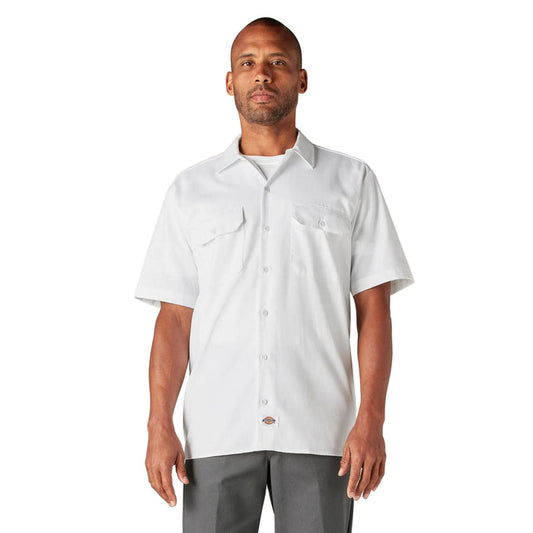 Dickies short sleeve button-up work shirt in white, front view, big and tall sizing available