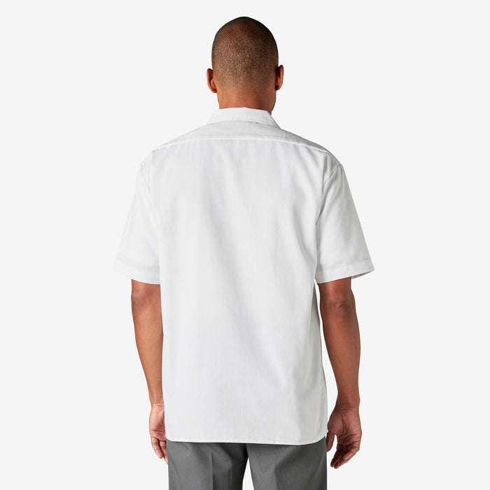Back view of the Dickies short sleeve work shirt in white showing the center pleat and yoke