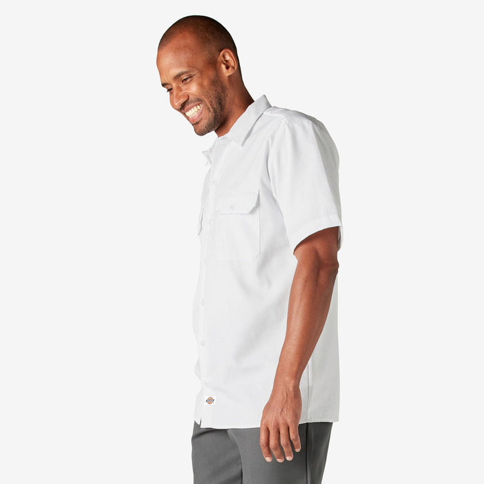 Dickies white short sleeve work shirt, alternate product view of the collar and button placket