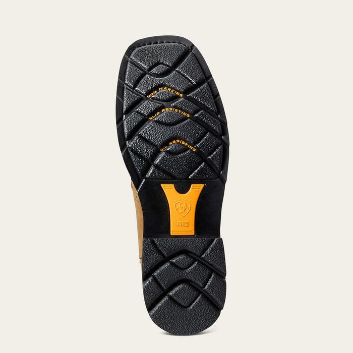 Heat and oil resistant outsole of the Ariat Sierra wide square toe work boot, 90 degree heel