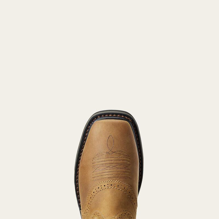 Close-up of the wide square soft toe on the Ariat Sierra work boot in aged bark leather