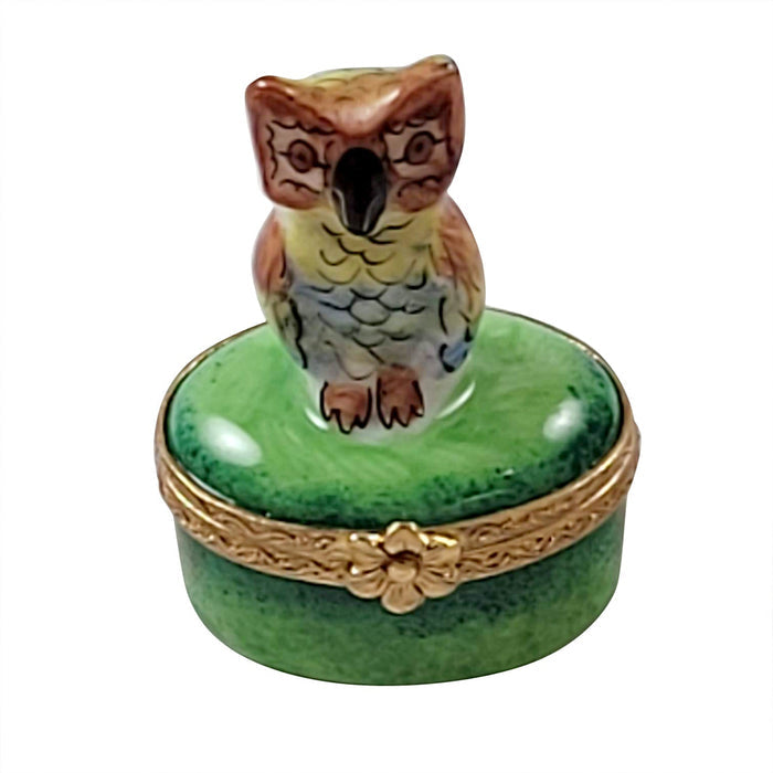 Mini Owl on Green Porcelain Limoges Bird owl French Trinket Box