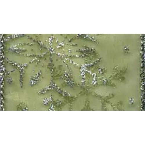 Snowflake Wired Ribbon - Spring Moss/Silver / Single Roll