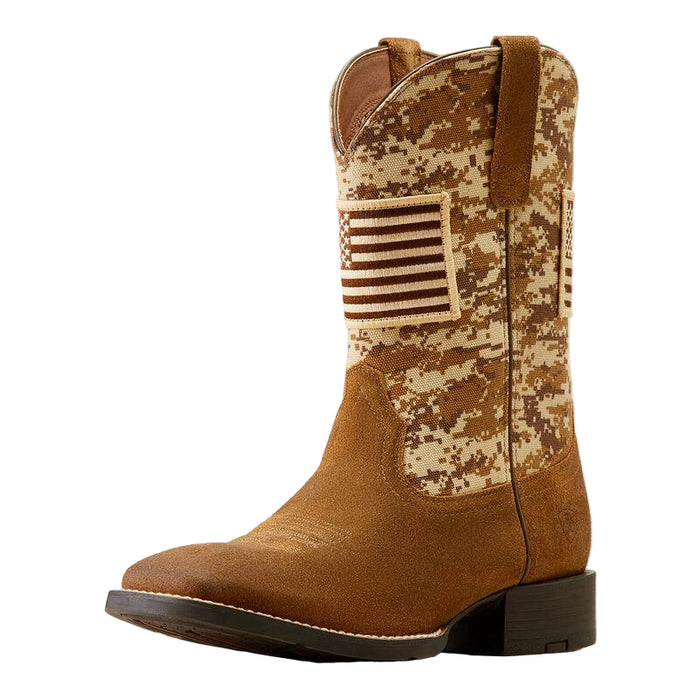Three-quarter front view of the Ariat Sport Patriot western boot in antique mocha leather