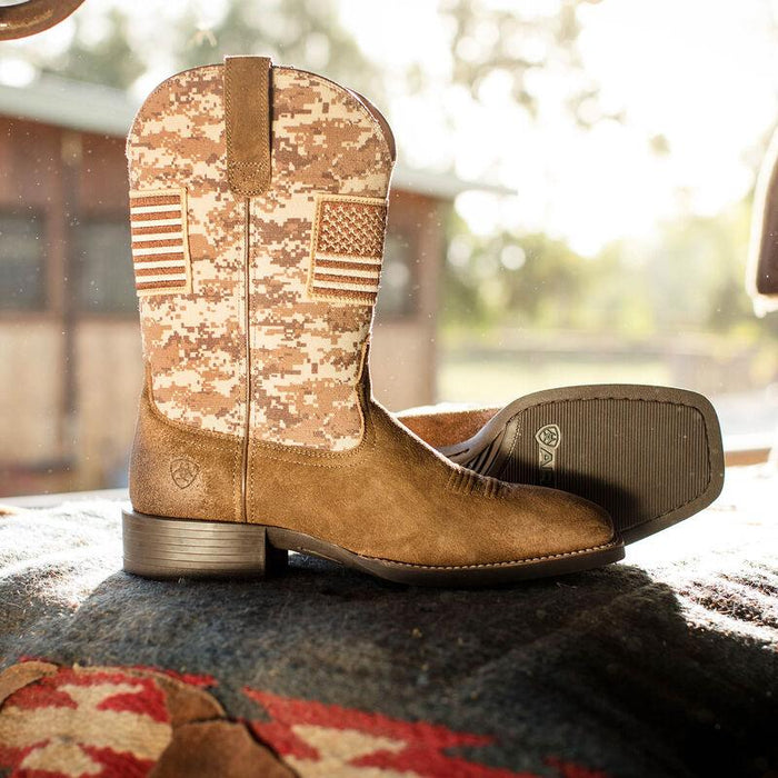 Ariat Sport Patriot western boot in antique mocha, shown worn in a lifestyle setting