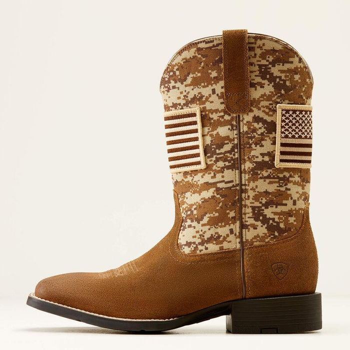 Side profile of the Ariat Sport Patriot western boot in antique mocha leather with camo shaft