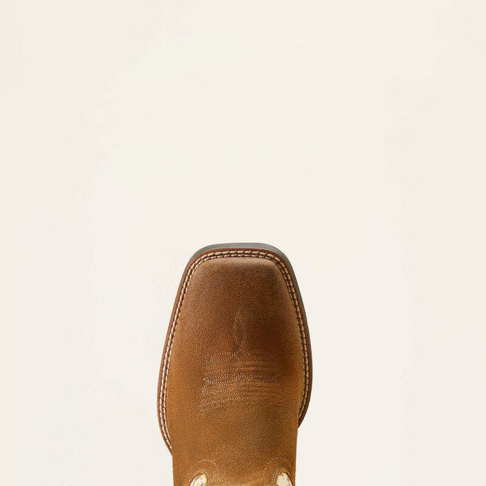 Close-up of the toe on the Ariat Sport Patriot western boot in antique mocha leather