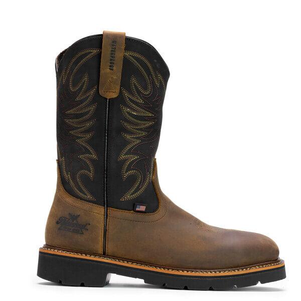 Side view of the USA made Thorogood 11-inch waterproof wellington boot in full grain leather