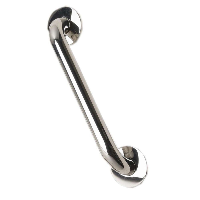 Full view of Stainless Steel Grab Rail grab rail with circular wall plates and a textured grip, designed to provide support in bathrooms and other areas.