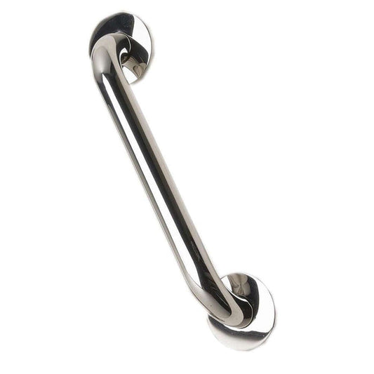 Full view of Stainless Steel Grab Rail grab rail with circular wall plates and a textured grip, designed to provide support in bathrooms and other areas.