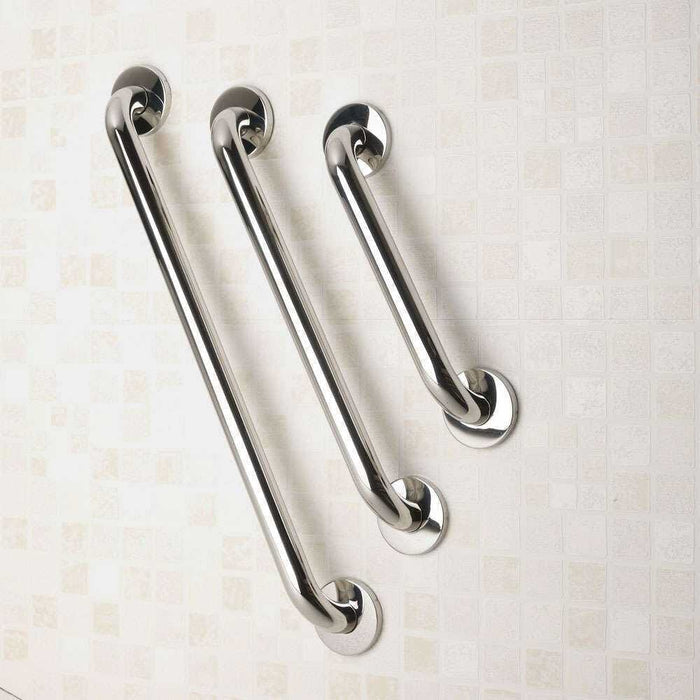 Close-up of a wall mounting plate on Stainless Steel Grab Rail grab rail showing screw holes for secure installation.