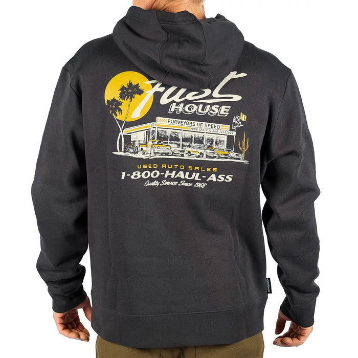 Fasthouse Sunset hooded pullover sweatshirt in vintage black, shown on a plain background