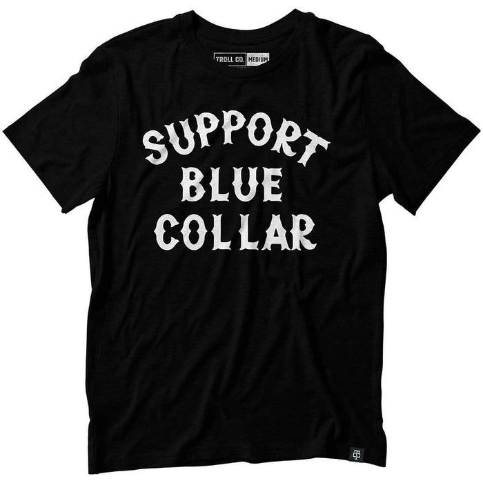 Troll Co. Support Blue Collar graphic tee in black, front view
