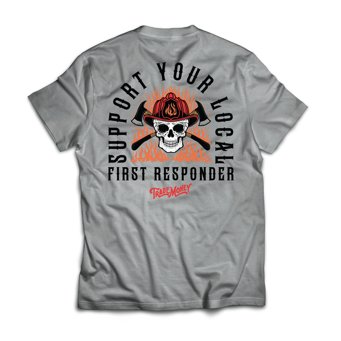 Trade Money Support Your Local Firefighter graphic tee in grey frost, big and tall sizing