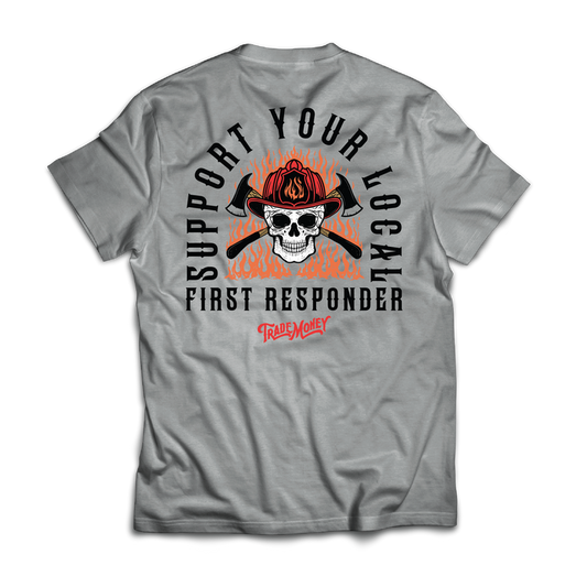 Trade Money Support Your Local Firefighter graphic tee in grey frost, big and tall sizing