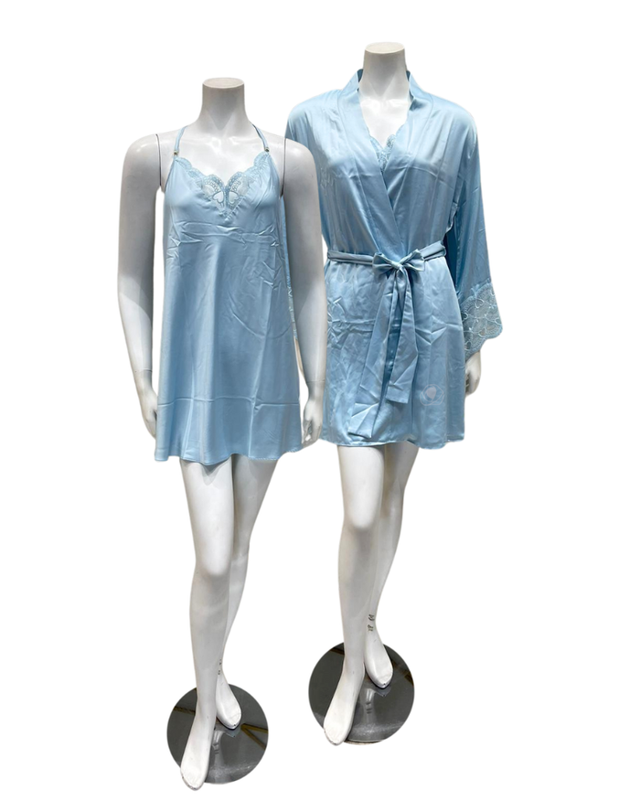 Flora by Flora Nikrooz T90484 + T90482 Kit Blue Chemise & Kimono Set myselflingerie.com